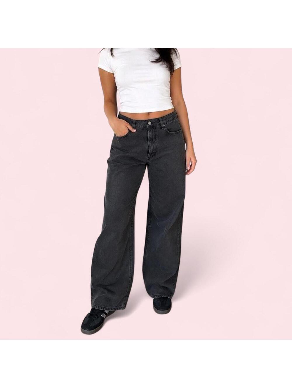 Forever 21 Washed Black Extra-Long Baggy Wide-Leg Jeans Size 27